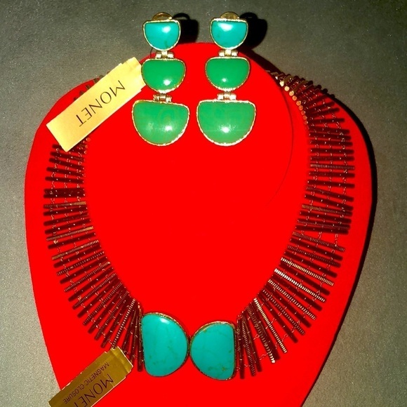 Vintage Turquoise Inspired Gold tone Necklace Bracelet & Earrings Set “ Monet “ - Picture 2 of 10